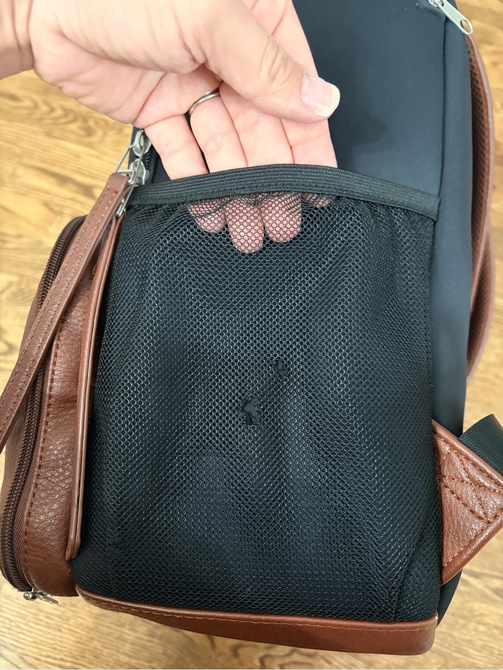 Freshly Picked Black Neoprene and Brown Vegan Leather Mom Travel Backpack - Picture 6 of 14
